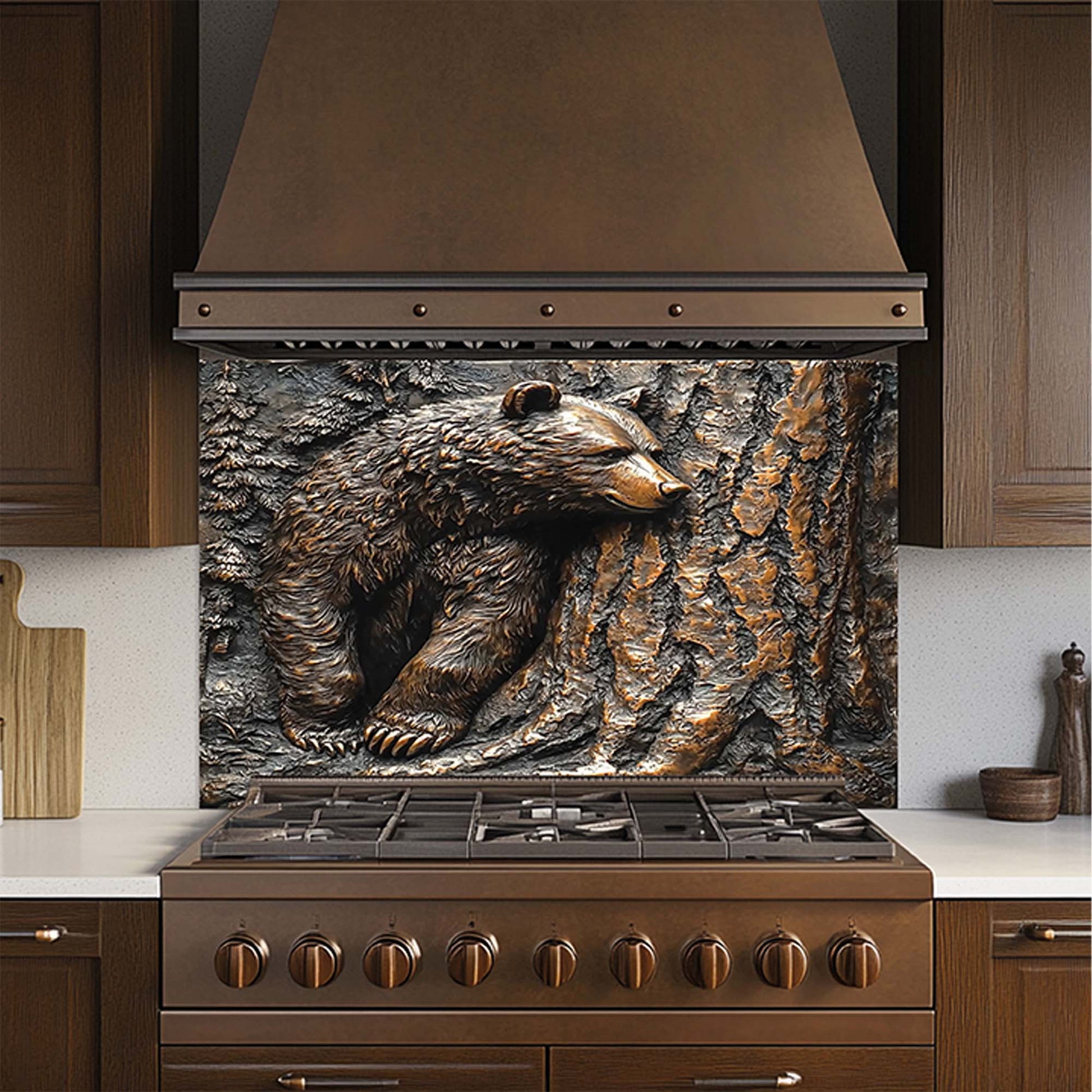 Bear resting by pine tree in copper forest-style tempered glass backsplash – perfect stove backsplash for rustic kitchen.