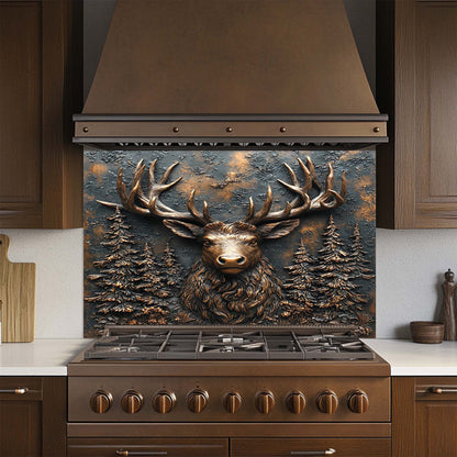 Decorative stove backsplash with a deer head design in a kitchen setting