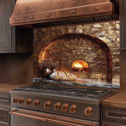 Stainless steel stove with copper accents in a kitchen setting with rustic tempered glass backsplash for rustic kitchen