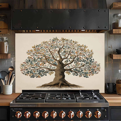 Stove with decorative tree glass backsplash on the wall in a kitchen setting