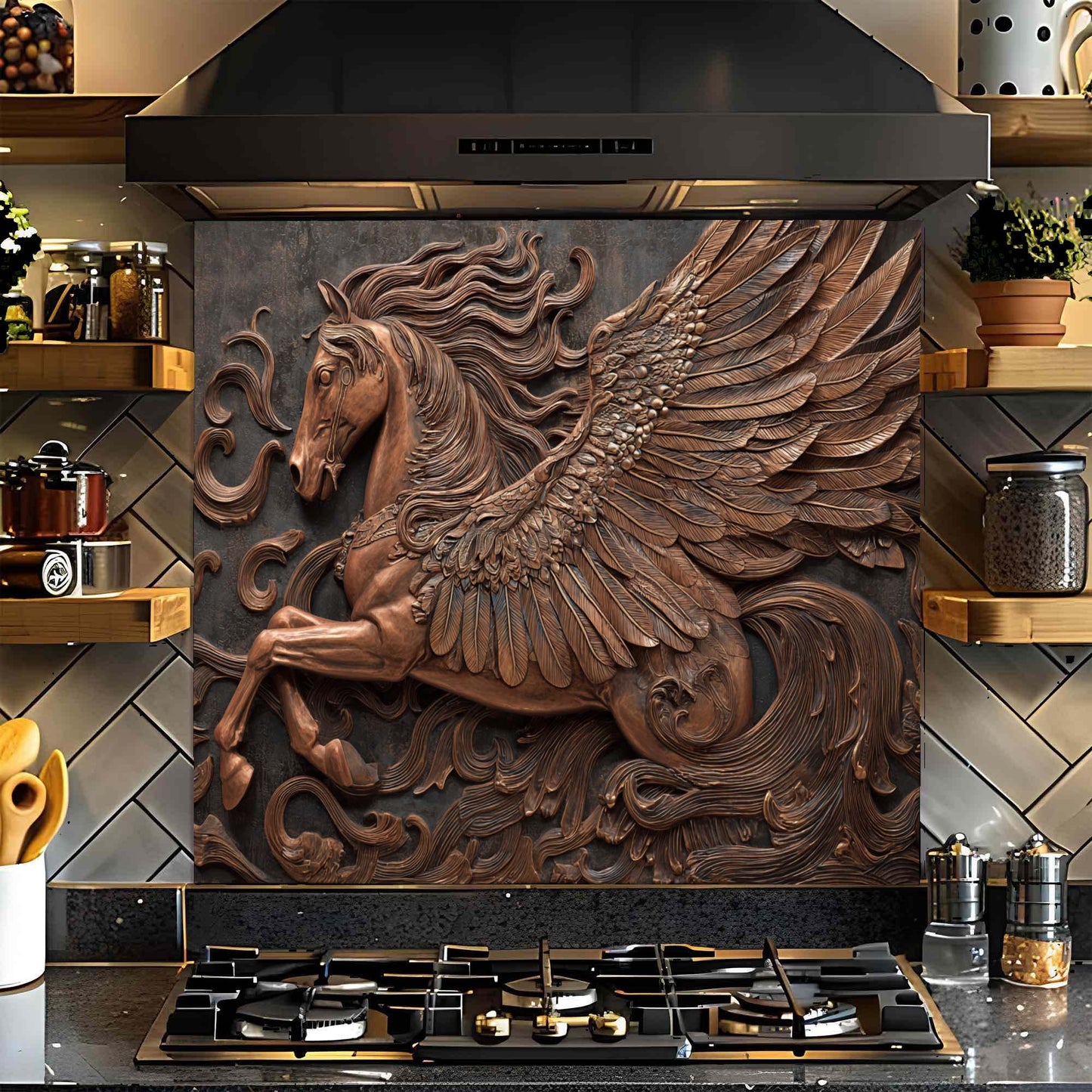 Decorative glass backsplash with a winged horse design above a stove in a kitchen.