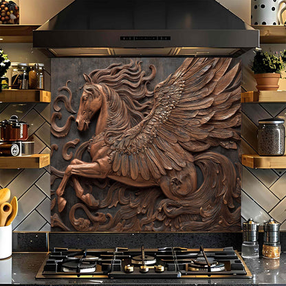 Decorative glass backsplash with a winged horse design above a stove in a kitchen.