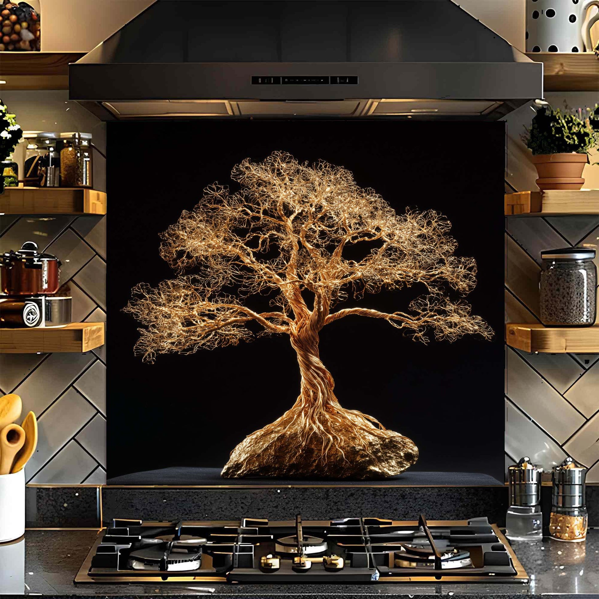 Striking gold wire tree design glass backsplash. Glossy tempered glass, heat-resistant, custom size available.