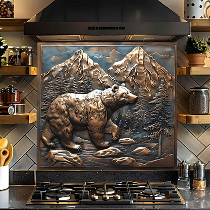 Decorative glass backsplash of a bear and mountains on a kitchen wall above a stove.
