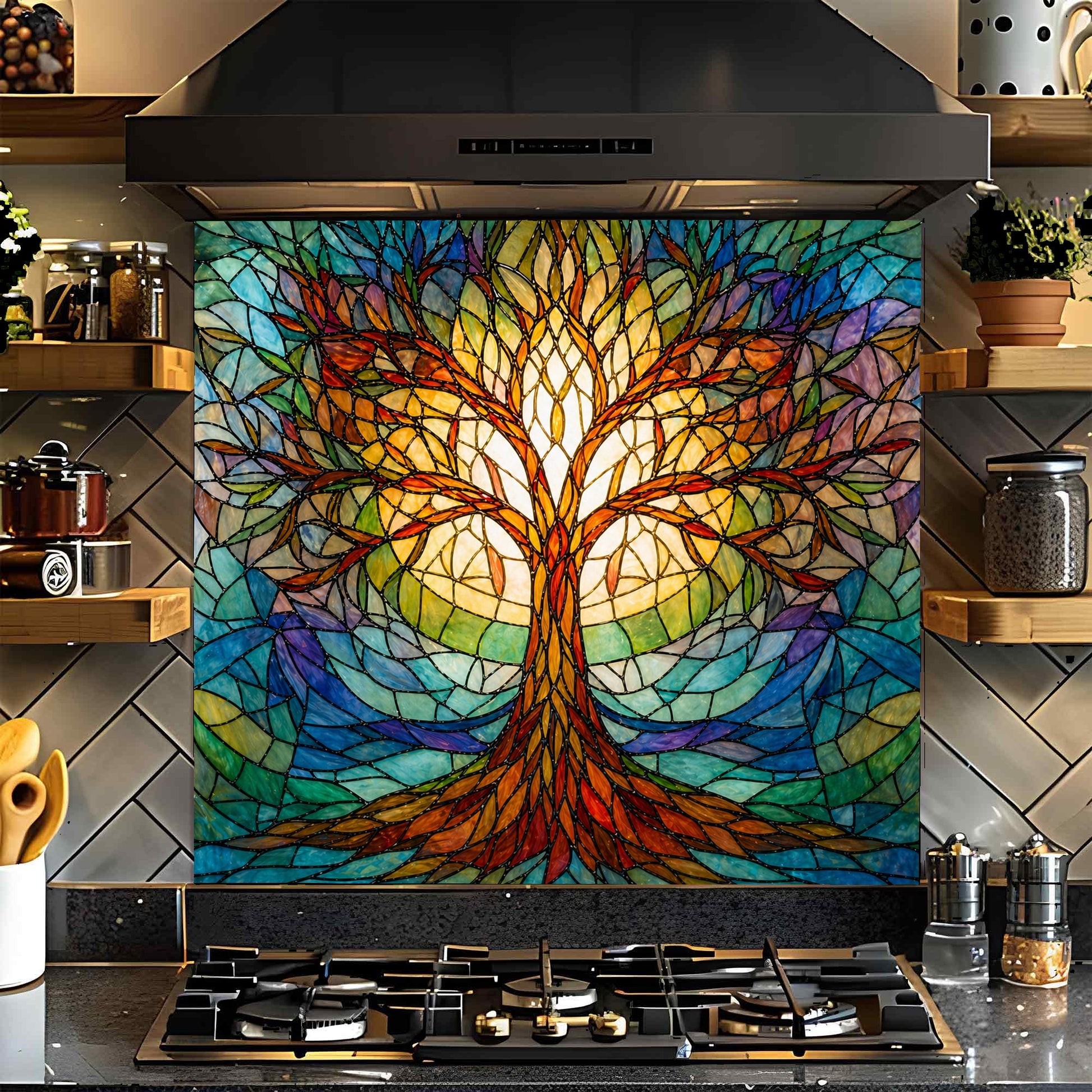 Colorful stained glass tree design on a kitchen backsplash above a stove.
