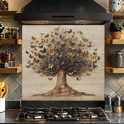 Butterfly Tree – Tempered Glass Backsplash for Kitchen | Colorful Tree of Life Backsplash