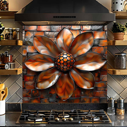 Decorative floral tile glass backsplash above a stove in a kitchen