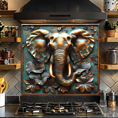 Decorative glass backsplash of an elephant on a kitchen stove