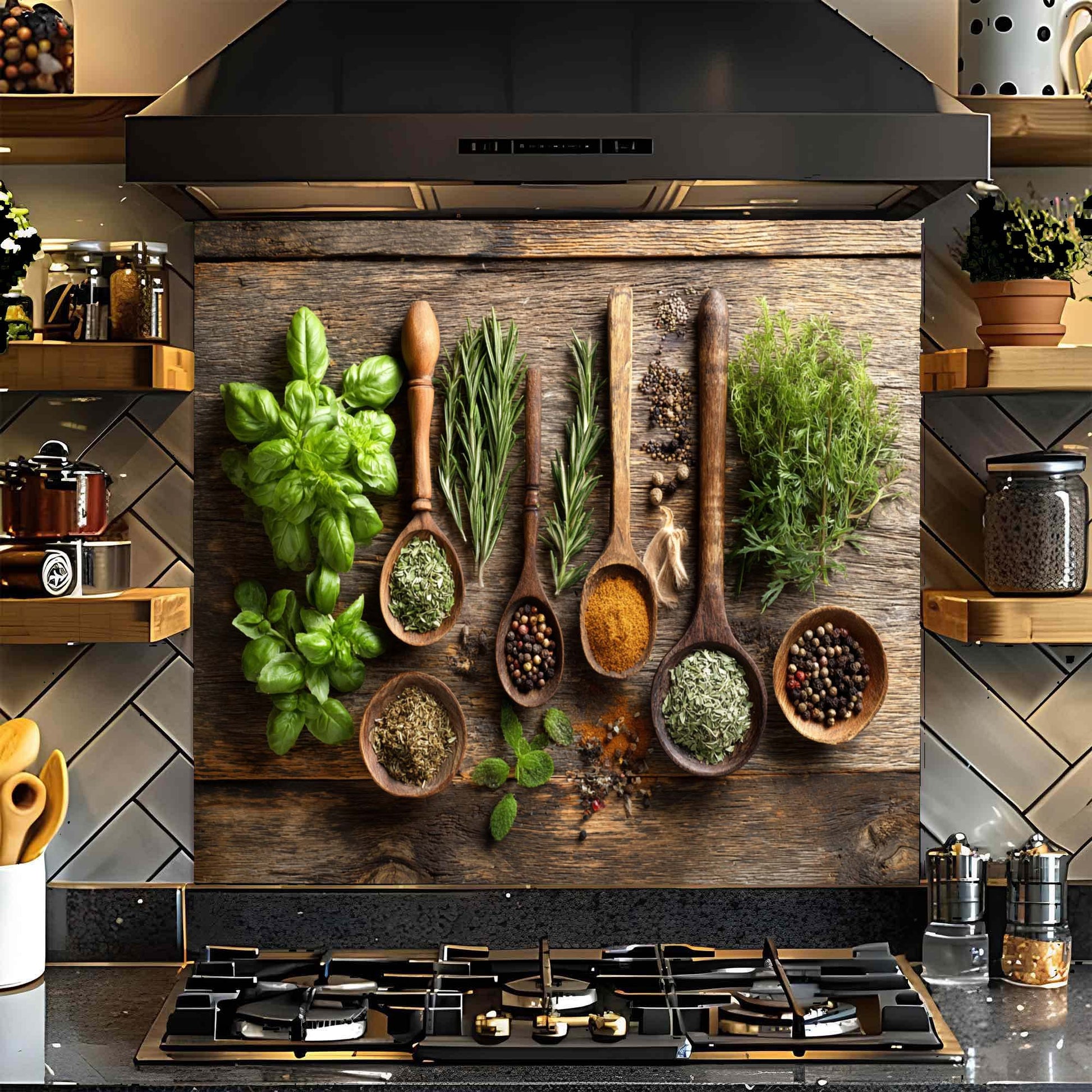 Decorative glass backsplash with herbs and wooden spoons on a kitchen wall.