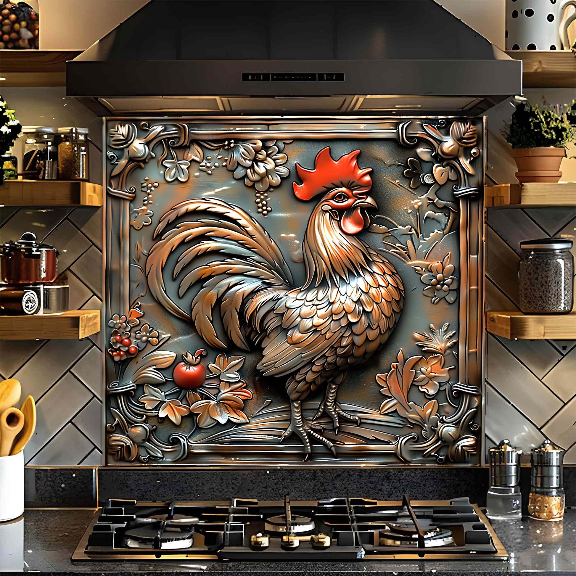 Decorative glass backsplash of a rooster on a kitchen stove