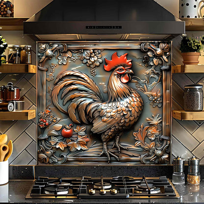 Decorative glass backsplash of a rooster on a kitchen stove