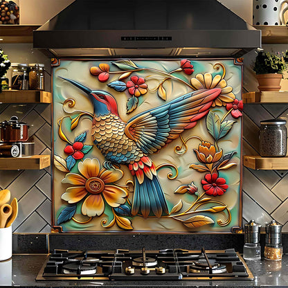 Decorative glass backsplash with a colorful bird and flowers on a kitchen wall.