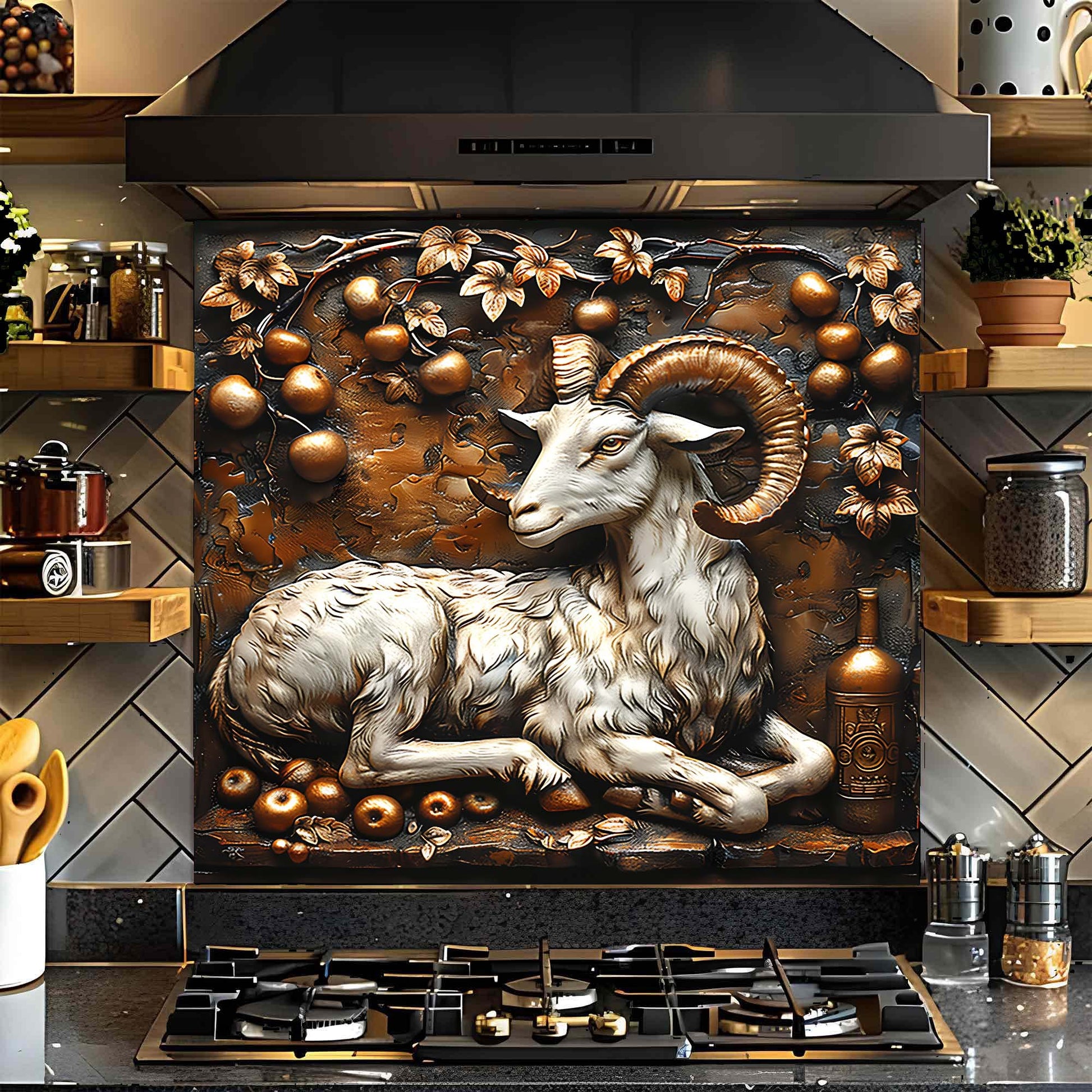 Decorative glass backsplash with a ram and apples above a stove in a kitchen.