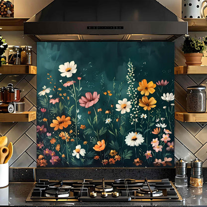 Kitchen stove with a floral glass backsplash design