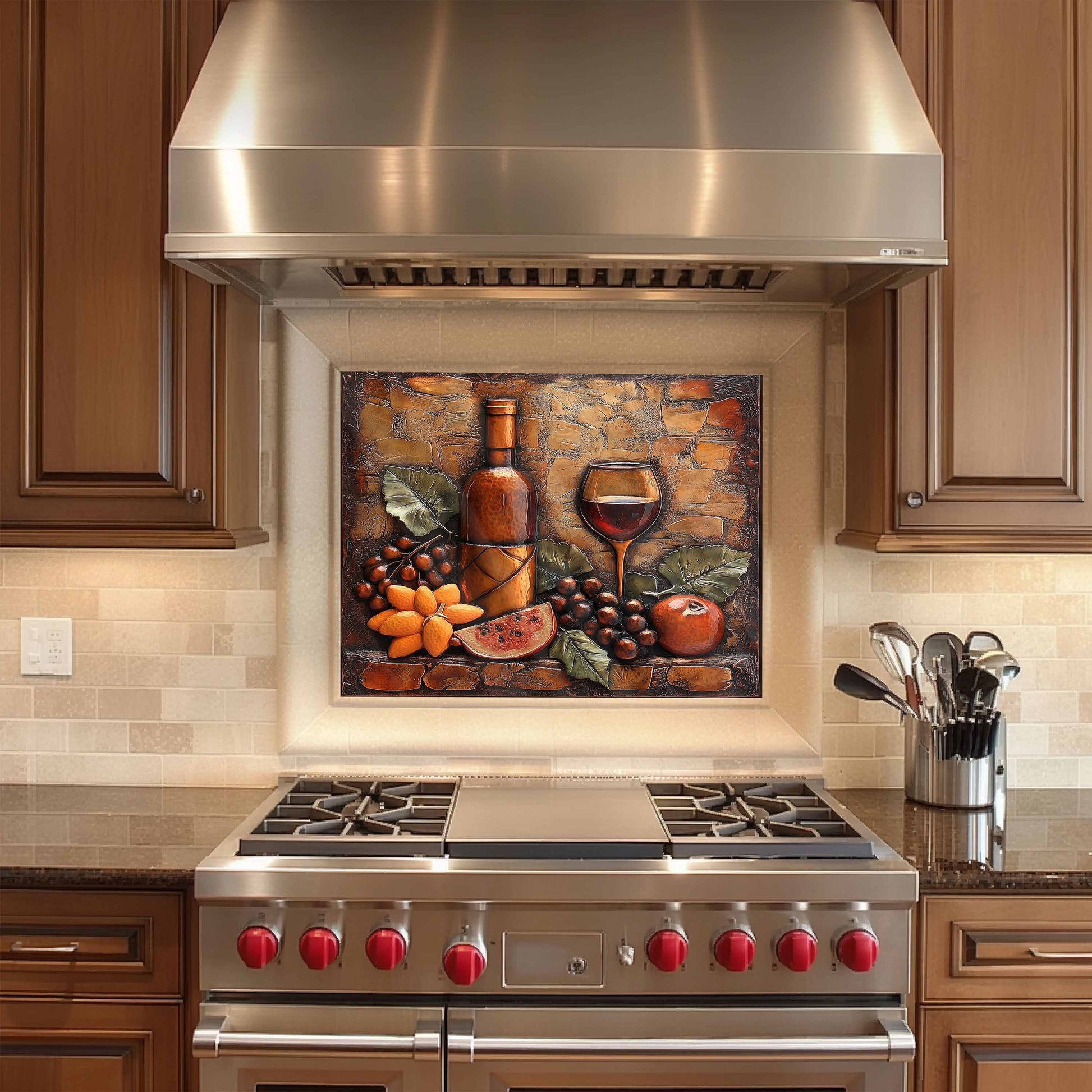 Stainless steel oven with decorative glass backsplash above it in a kitchen setting