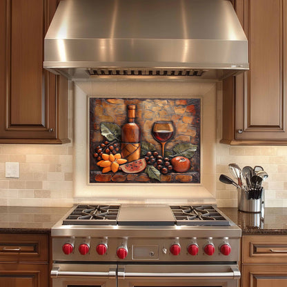 Stainless steel oven with decorative glass backsplash above it in a kitchen setting