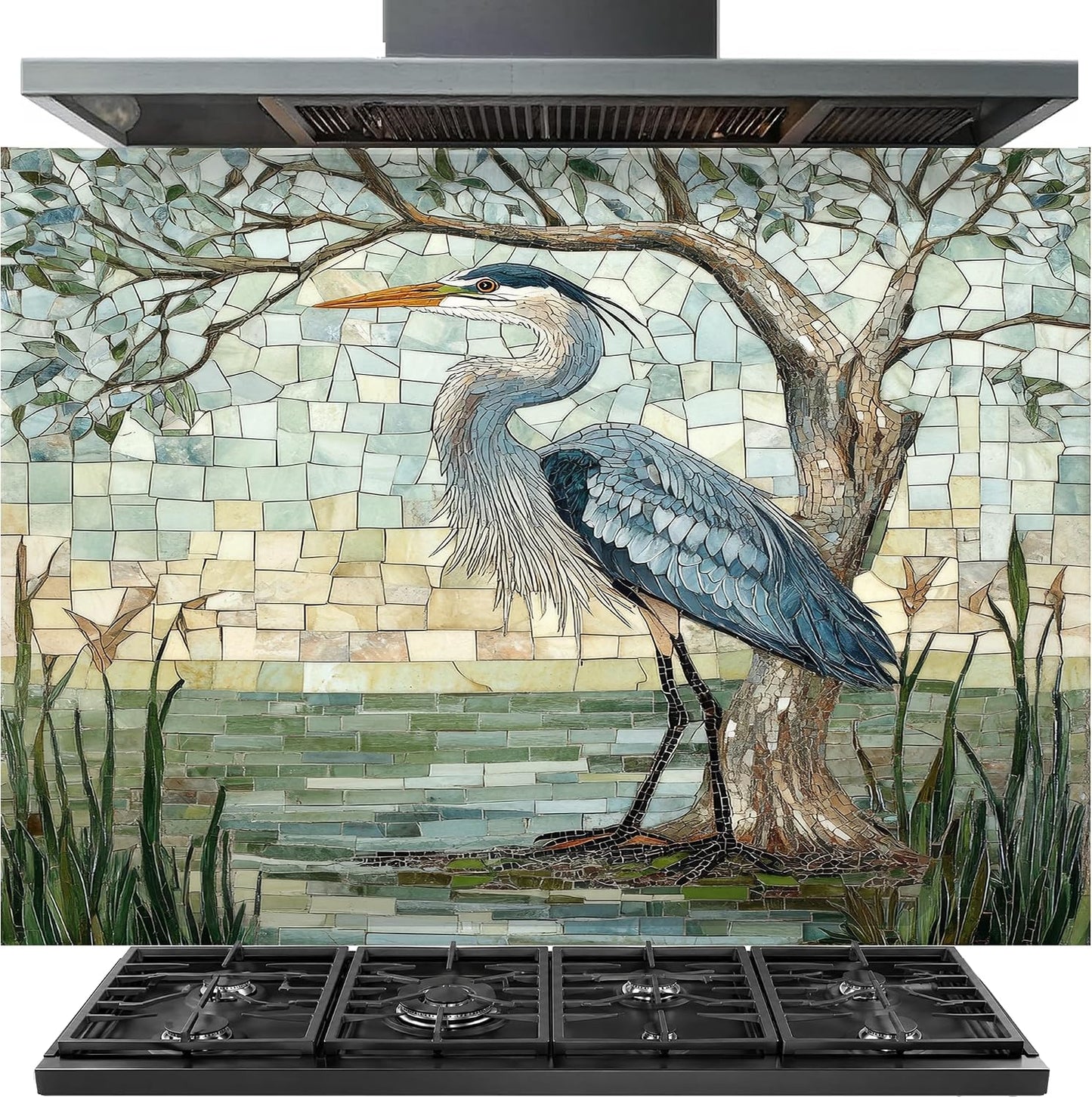 Mosaic artwork of a heron on a kitchen backsplash with stove below