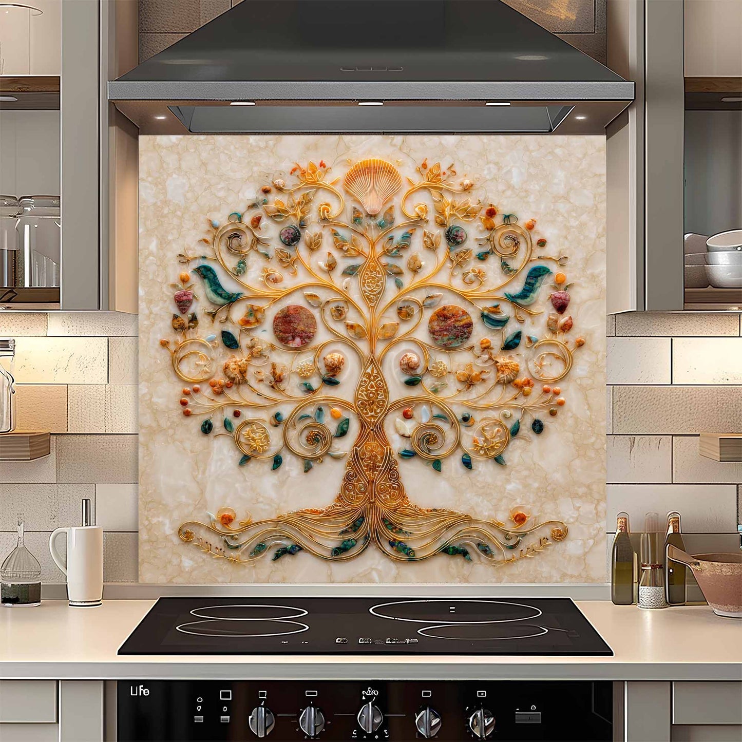 Custom kitchen backsplash with a tree design in a kitchen setting