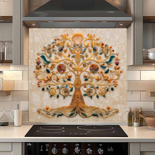 Custom kitchen backsplash with a tree design in a kitchen setting