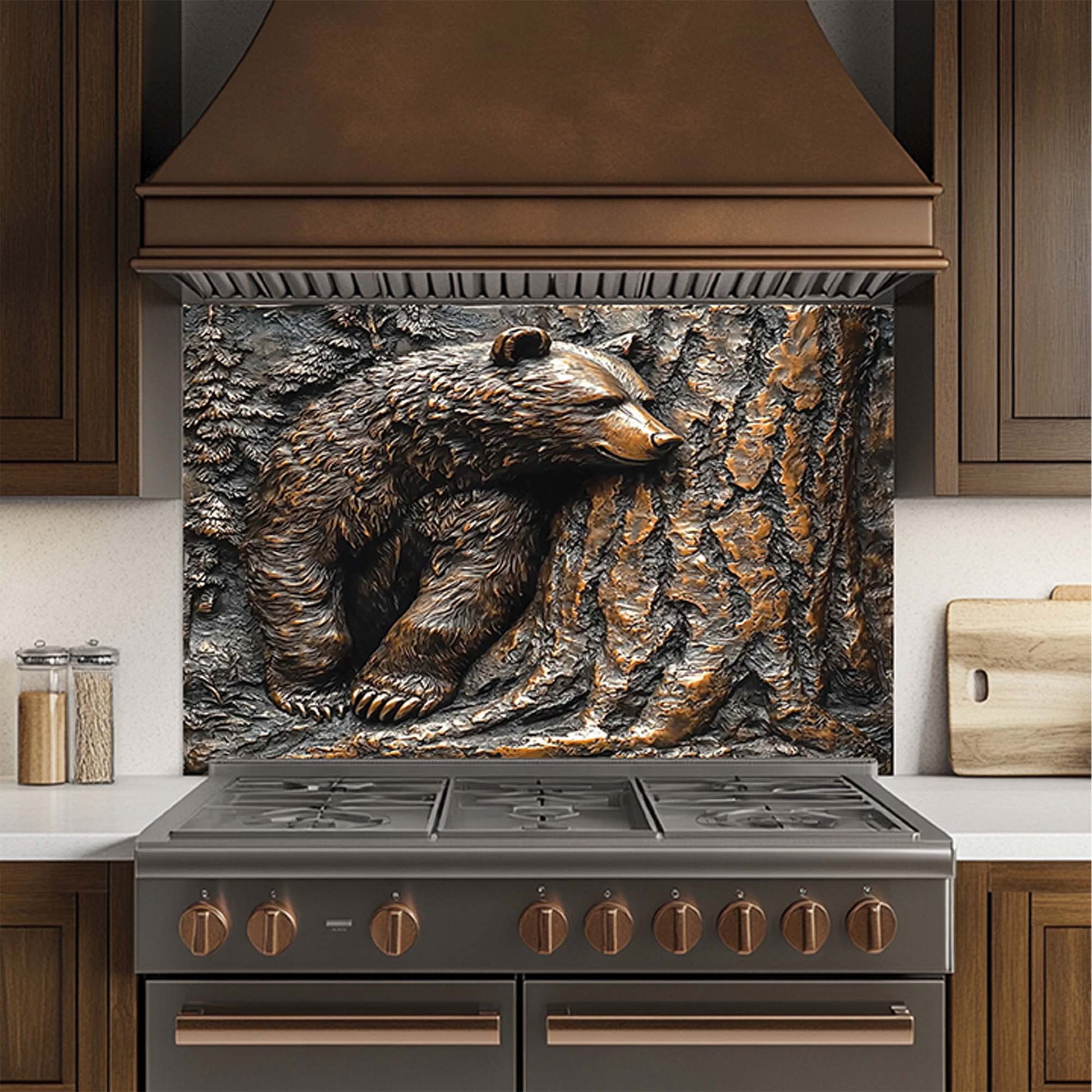 Bear resting by pine tree in copper forest-style tempered glass backsplash – perfect stove backsplash for rustic kitchen.