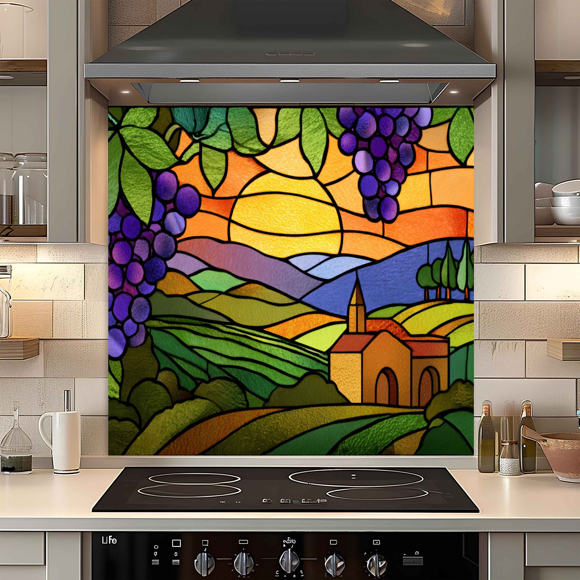 Colorful stained glass-style backsplash above a stove in a kitchen.