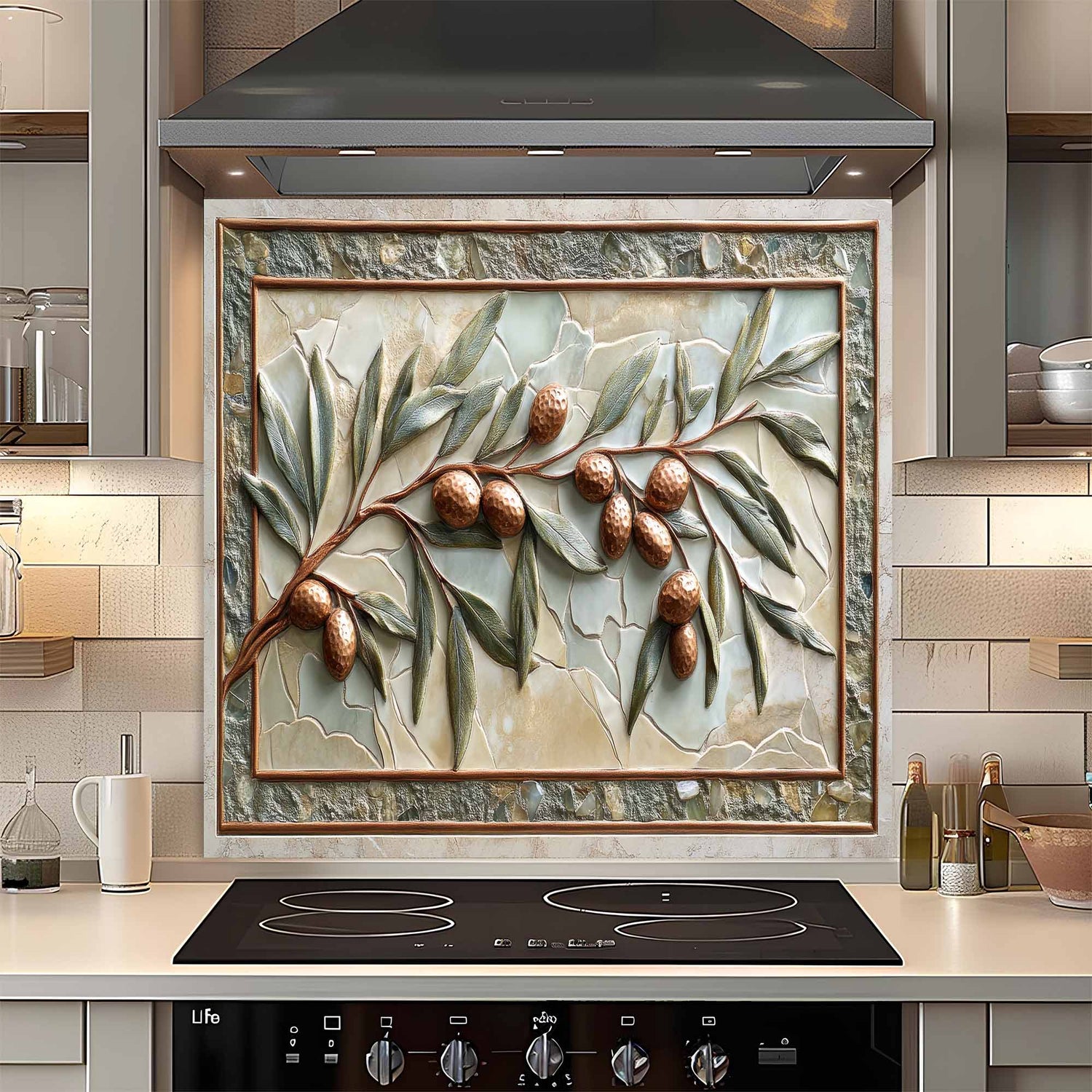 Decorative glass backsplash with olive branch design above a stove in a kitchen.