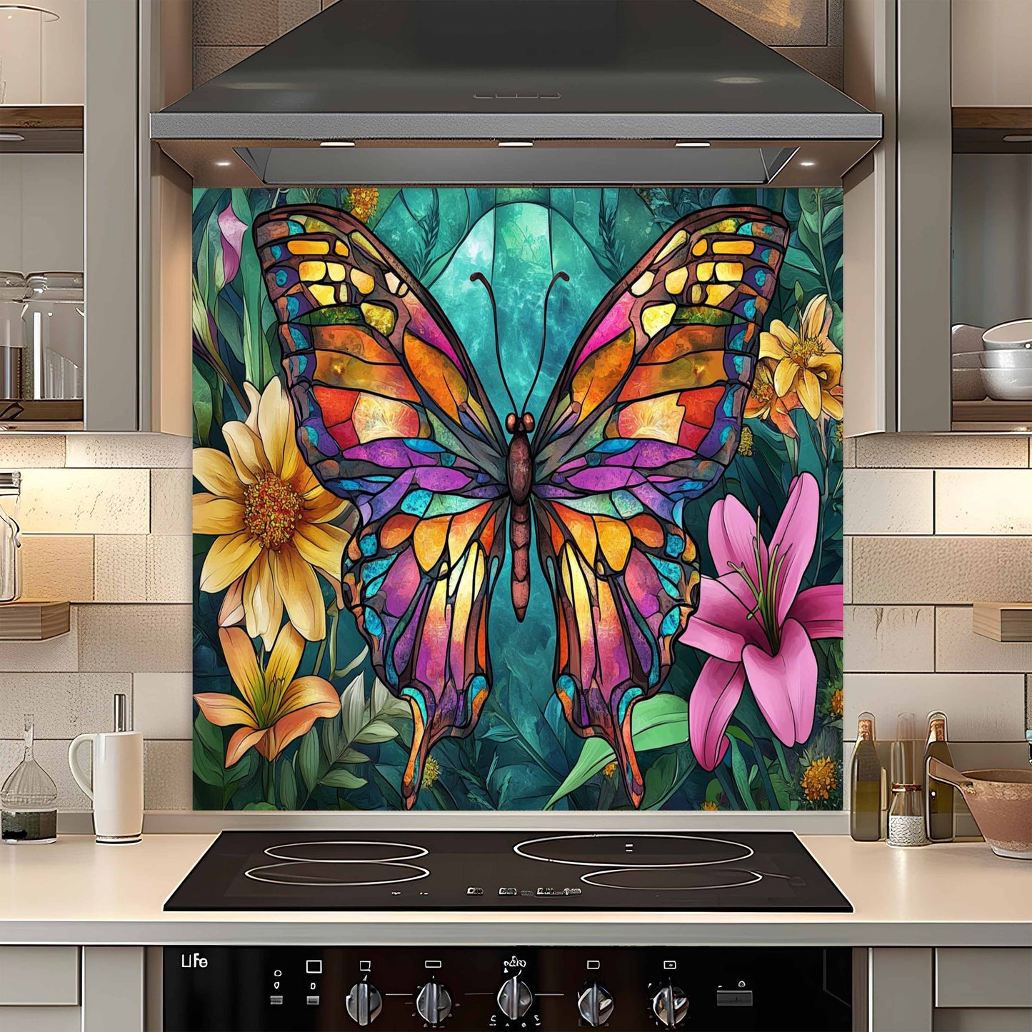 Colorful butterfly and floral design on a kitchen backsplash