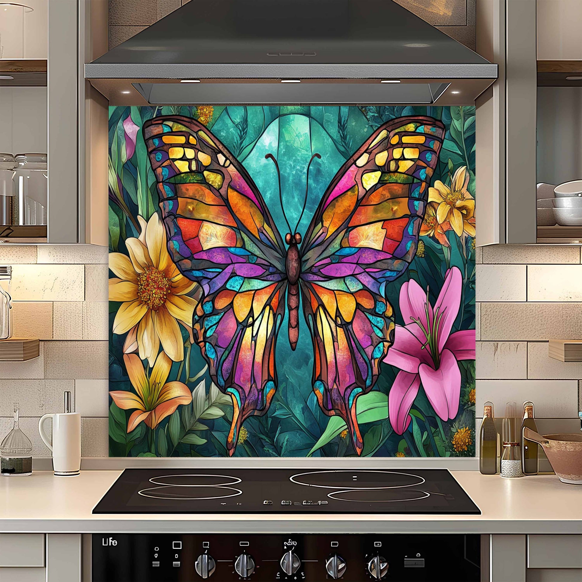Colorful butterfly and floral design on a kitchen backsplash