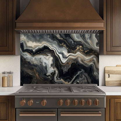 Modern kitchen with a stainless steel stove and marbled backsplash