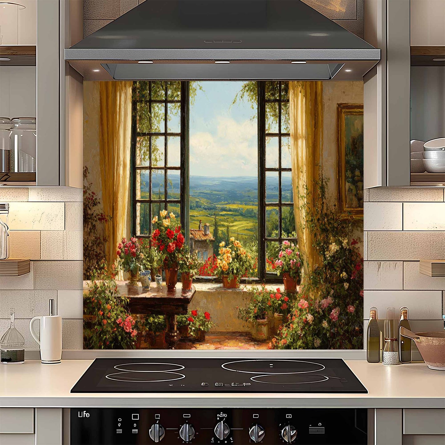 Kitchen with a decorative glass  backsplash featuring a scenic painting of flowers and a table.