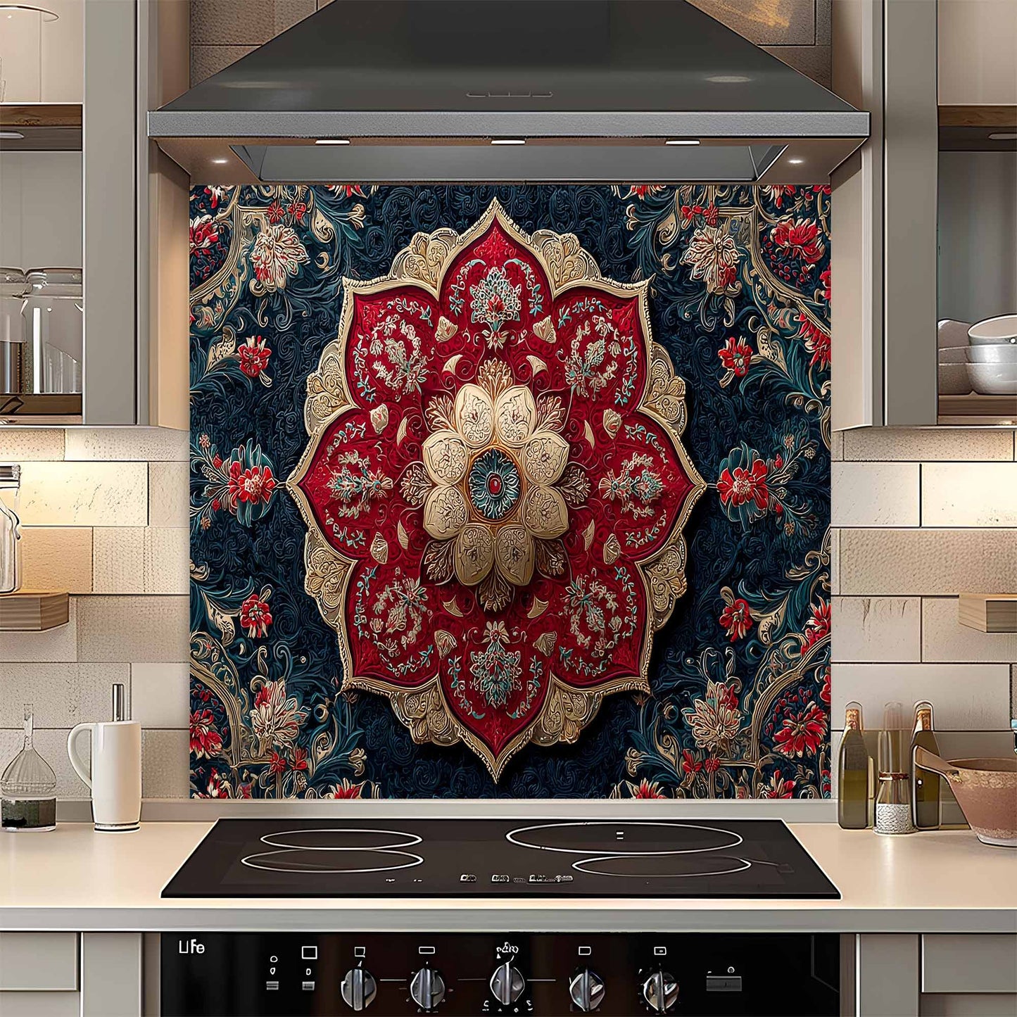 Decorative glass backsplash with intricate floral pattern in a kitchen setting