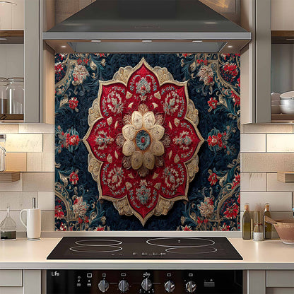 Decorative glass backsplash with intricate floral pattern in a kitchen setting