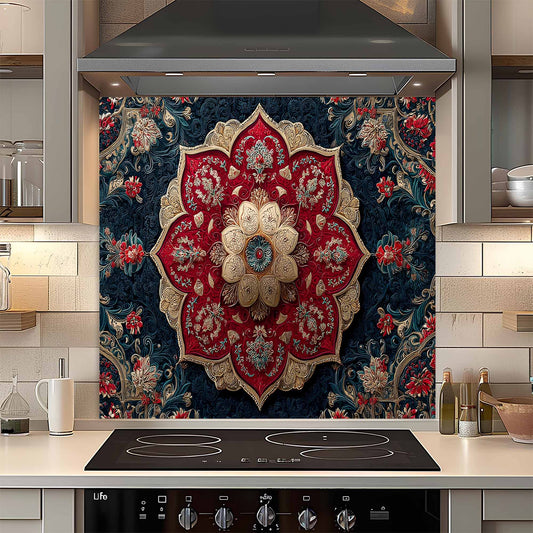 Decorative glass backsplash with intricate floral pattern in a kitchen setting