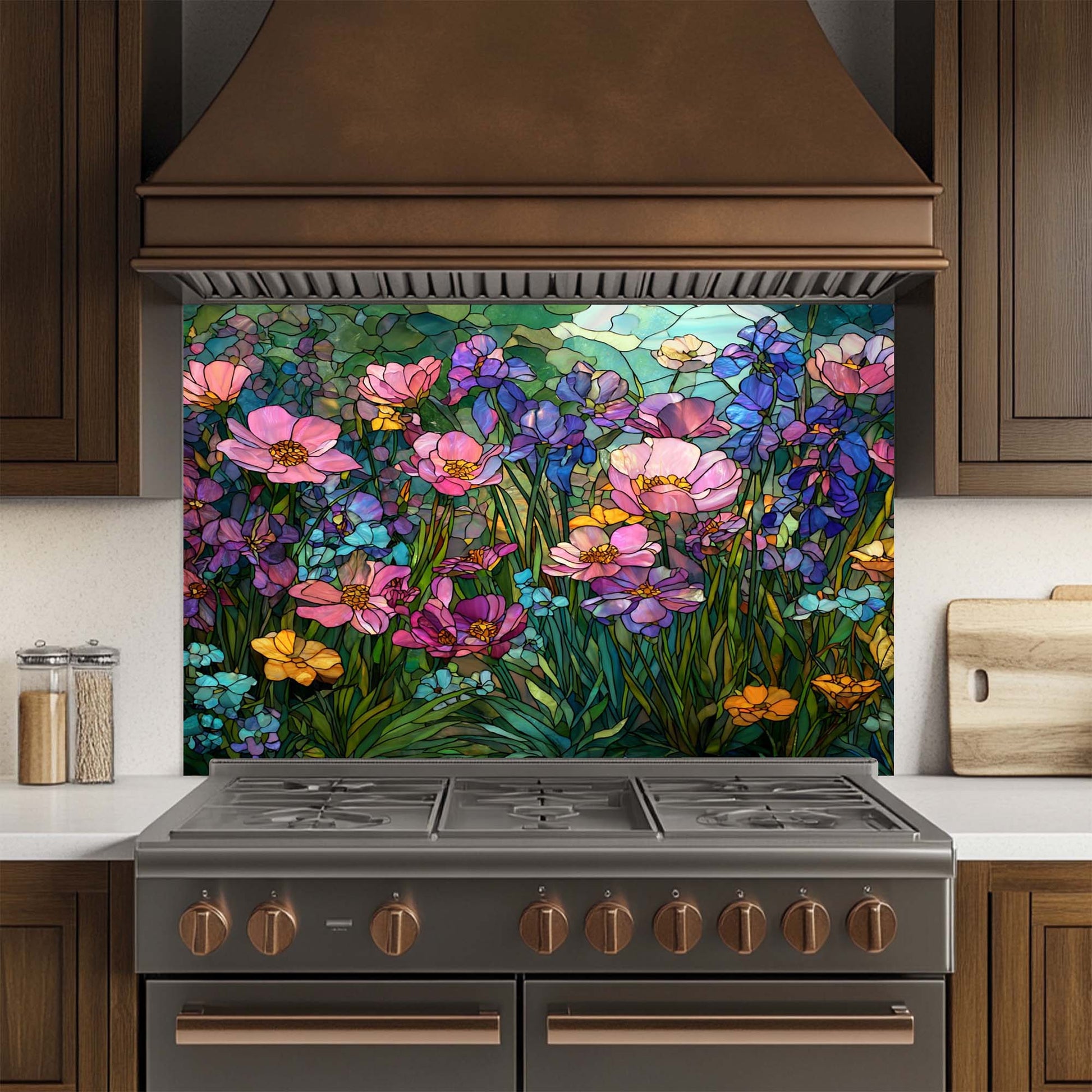 Kitchen stove with a colorful floral glass backsplash