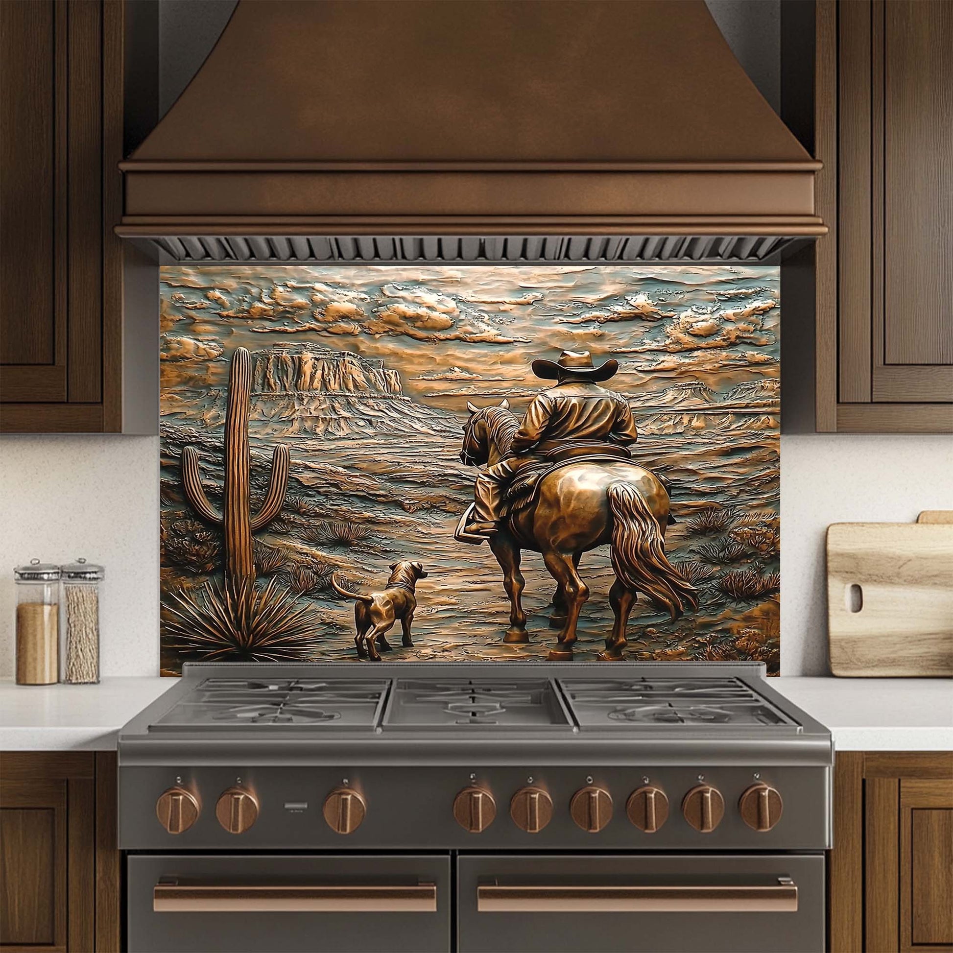 Decorative glass backsplash with a cowboy and horse design above a stove in a kitchen.