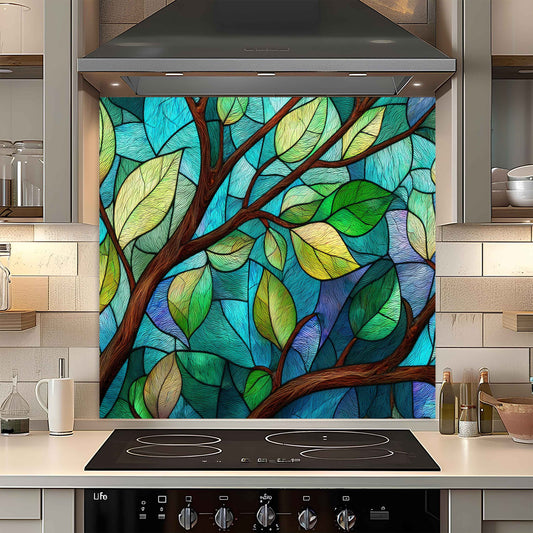 Colorful stained glass-style leaf design on a kitchen backsplash.