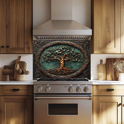 Decorative backsplash with tree design above a stainless steel oven in a kitchen.