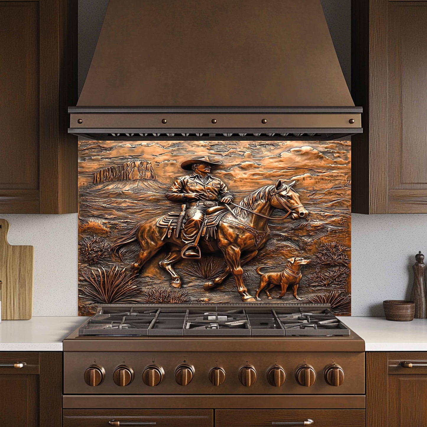 Stainless steel stove with decorative backsplash featuring a cowboy and horse design in a kitchen setting.
