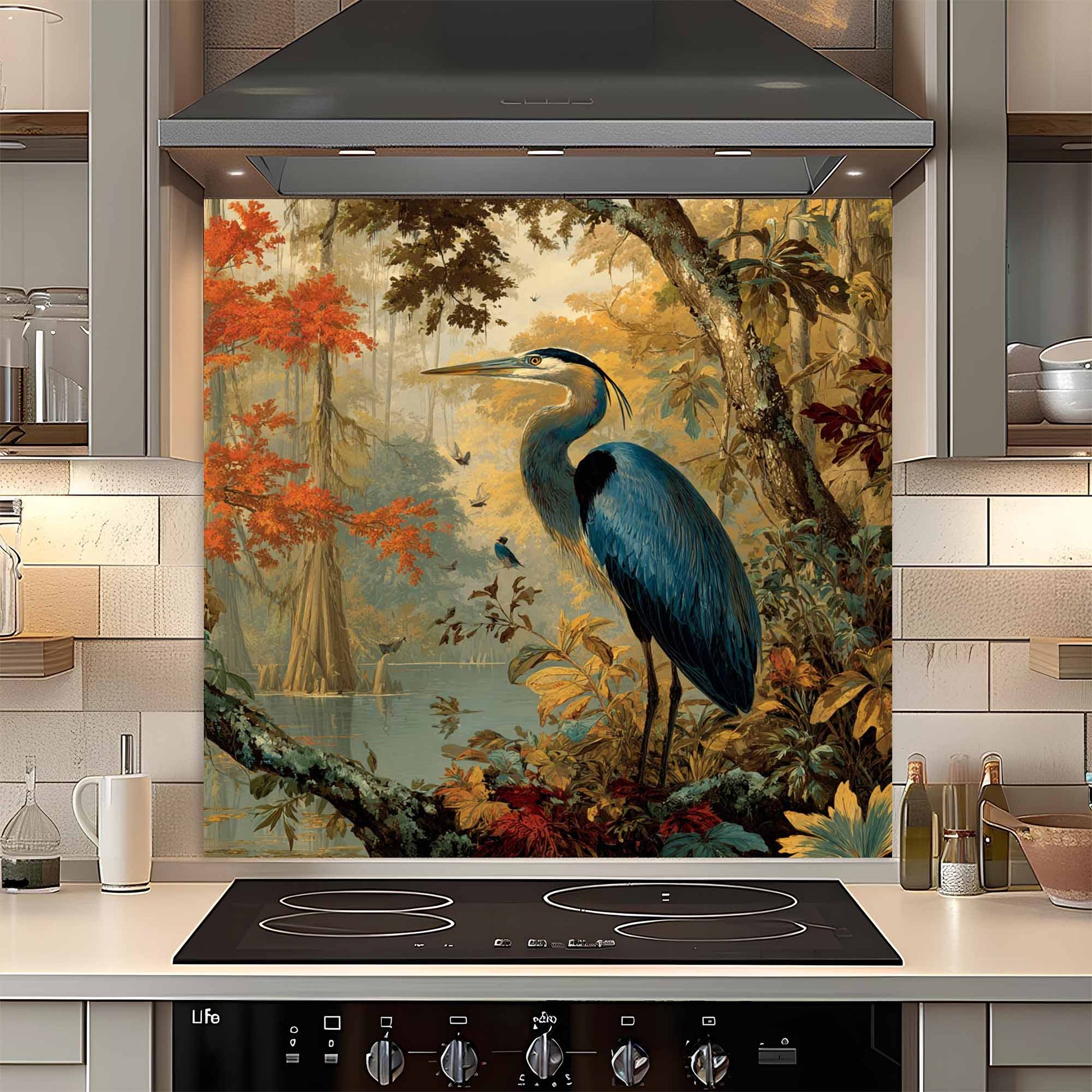Kitchen with a decorative glass splashback featuring a blue heron in a natural setting.
