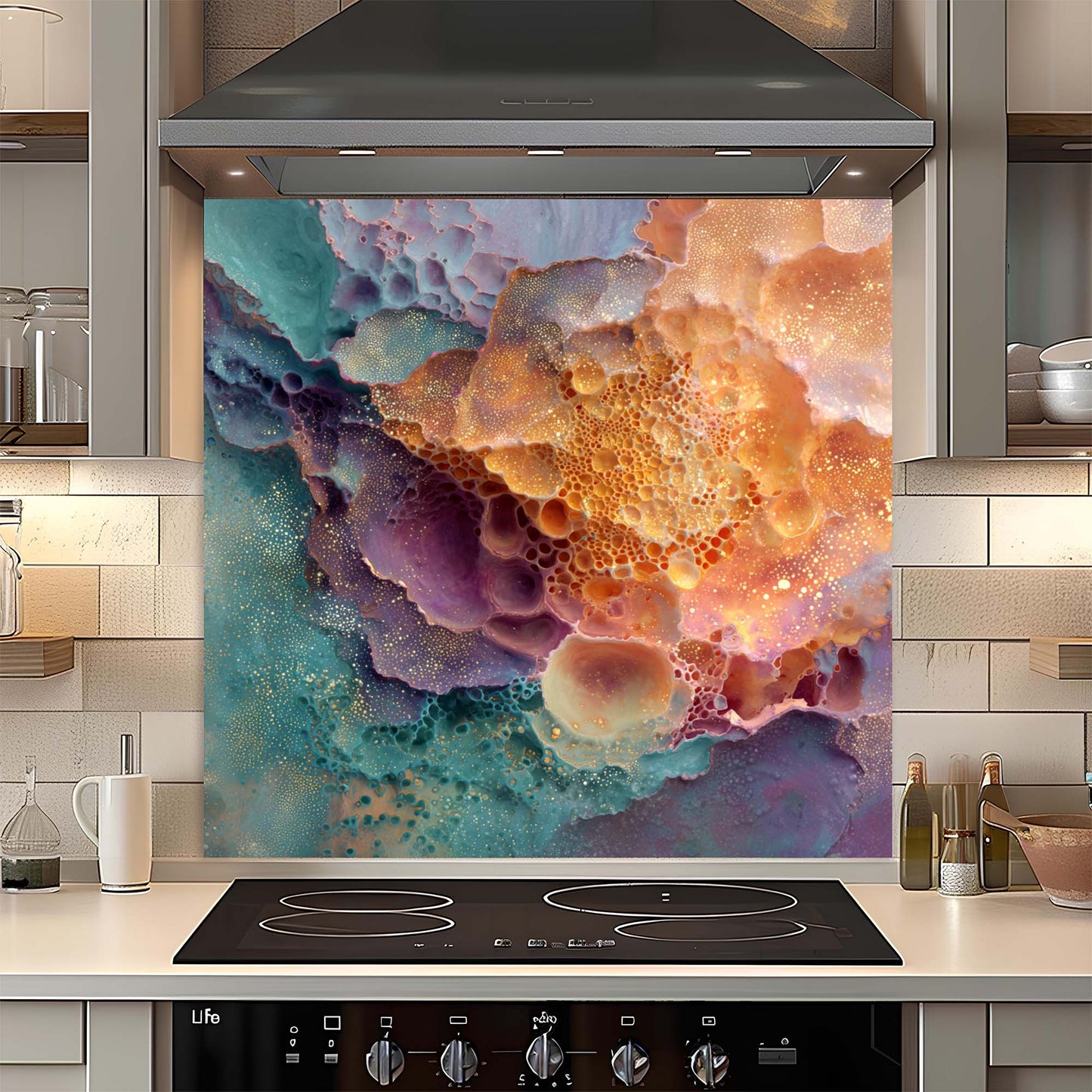 Colorful abstract design on a kitchen backsplash above an electric stove.