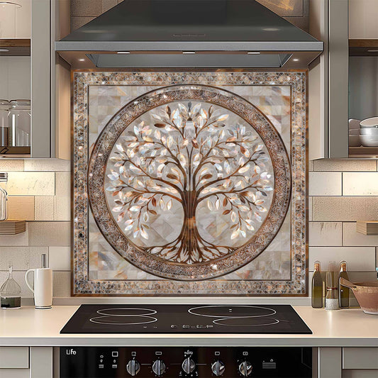 Custom kitchen backsplash with tree design above a stove in a kitchen