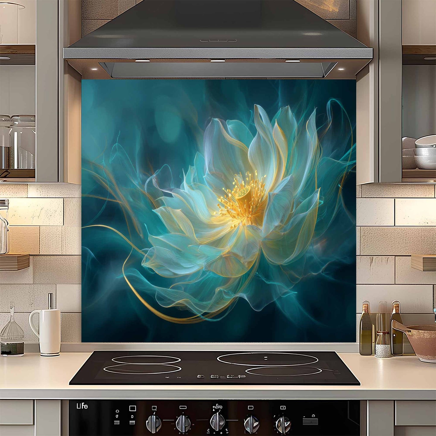 Kitchen stove with a decorative glass backsplash featuring a floral design.
