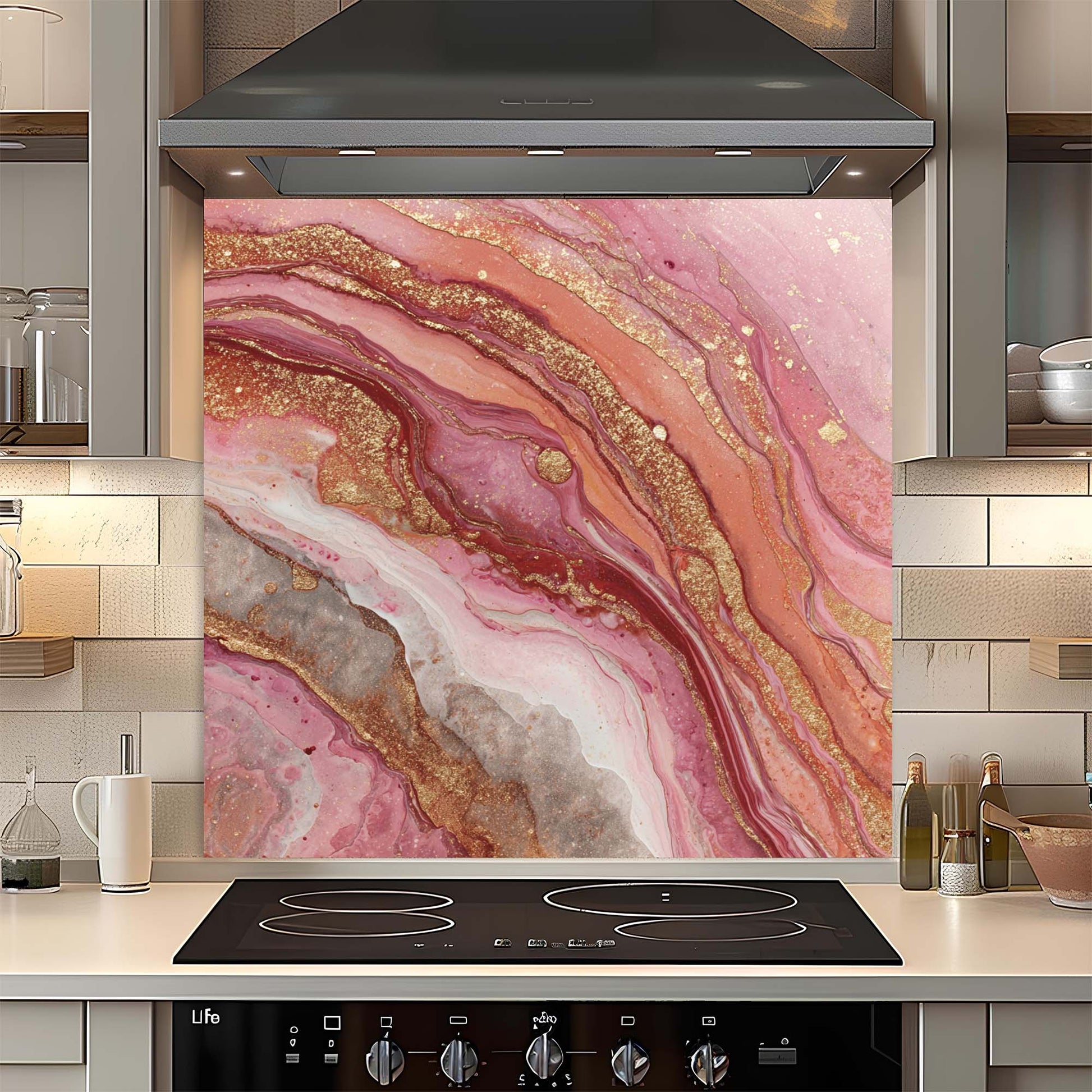 Kitchen with a pink and gold marbled look glass backsplash above an induction cooktop.