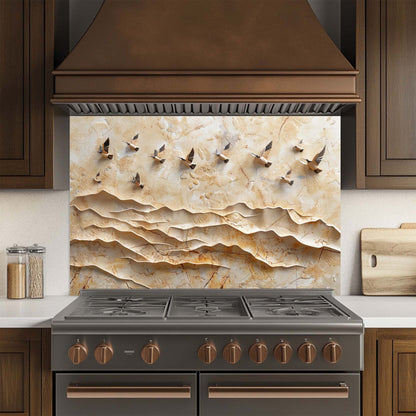 Kitchen stove with decorative glass backsplash featuring wavy stone pattern and bird silhouettes.