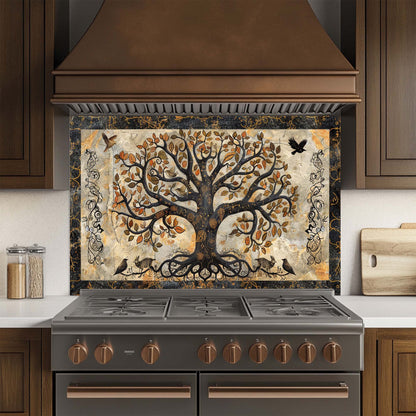 Decorative kitchen backsplash with a tree design above a stove.