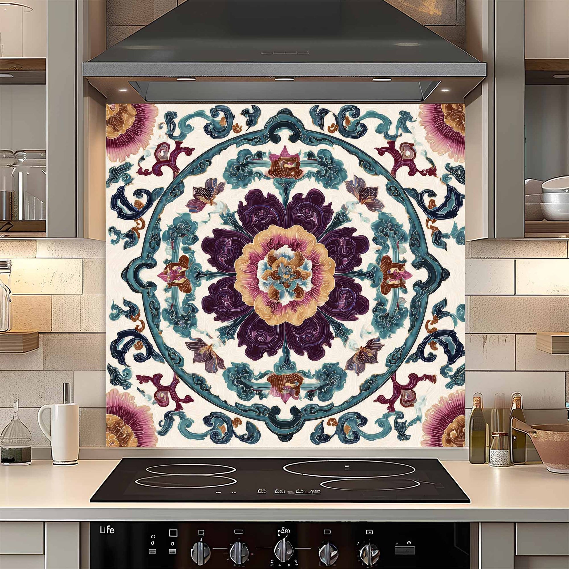 Decorative glass backsplash with floral pattern above a stove in a kitchen.