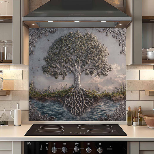 Decorative glass splashback with tree design in a modern kitchen