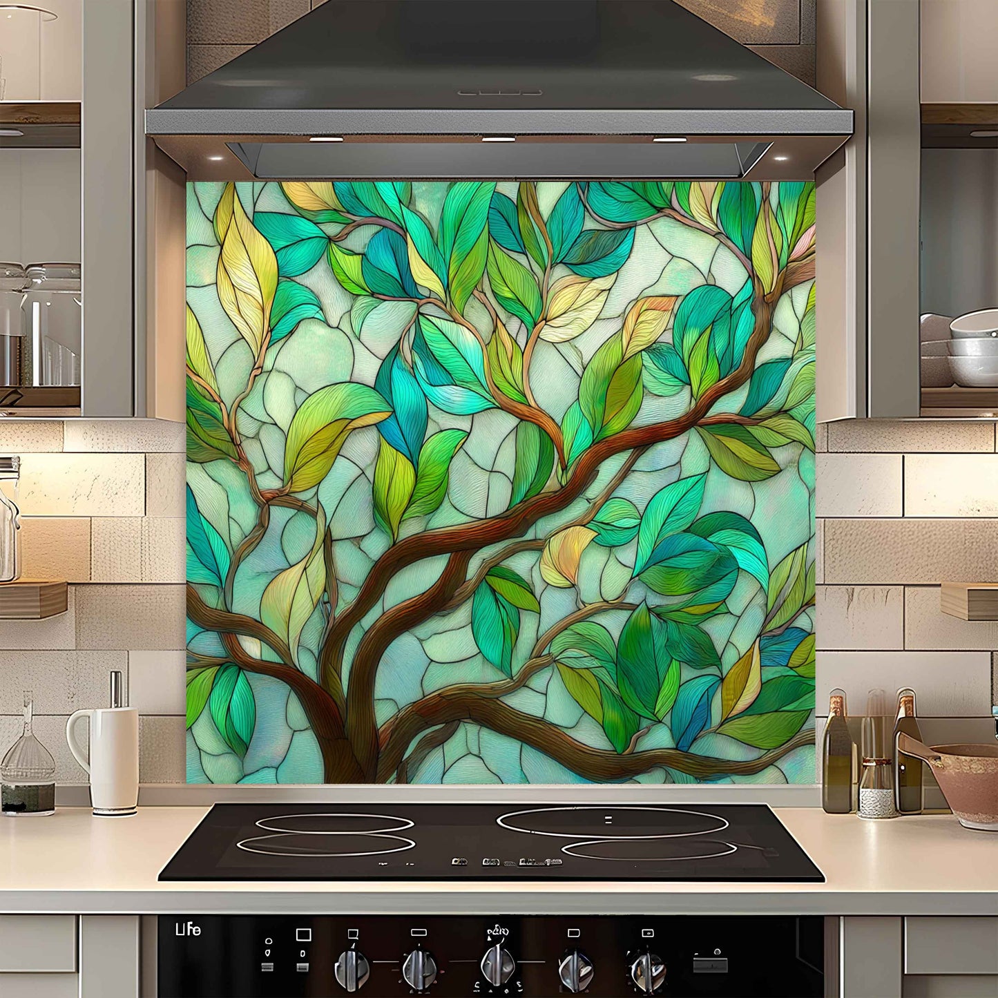 Decorative glass splashback with tree design in a kitchen