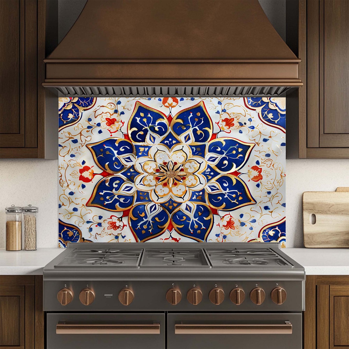 Decorative glass backsplash with intricate blue and white pattern above a stove in a kitchen.