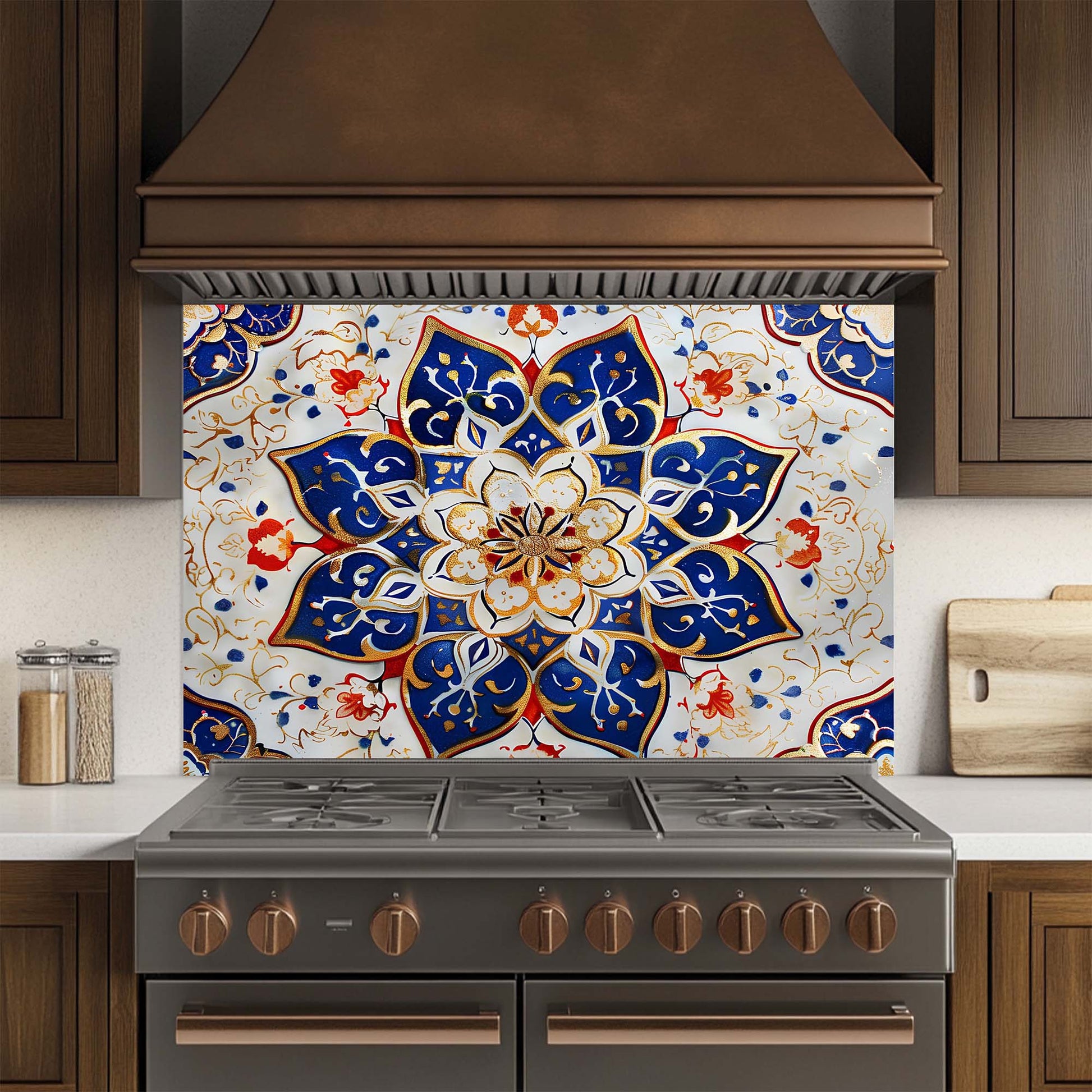 Decorative glass backsplash with intricate blue and white pattern above a stove in a kitchen.